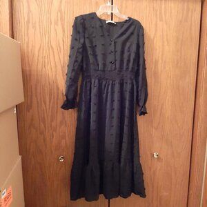 Juoiantang Maxi Dress VNeck H Waisted Button ALine Ruffle Tier Swiss Dot Sz 8-10